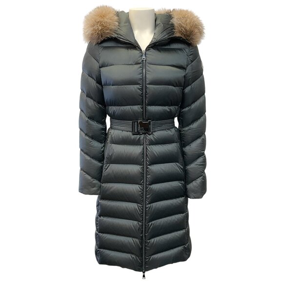 Moncler Grey Leesie Puffer Coat with Belt and Fox Fur Trim - Picture 1 of 5